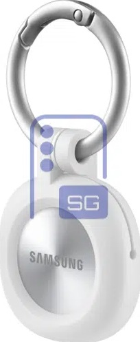 Samsung Galaxy SmartTag 3 için iddia edilen beyaz renkli squircle tasarım ve cihazı eşyalara bağlamaya yarayan halkalı ek kılıf.